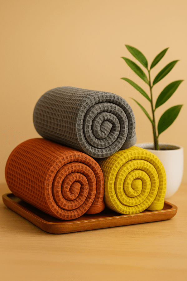 DRAPE&LUXE Honeycomb Cotton Towel – Pack of 3 (Grey Yellow Brown)